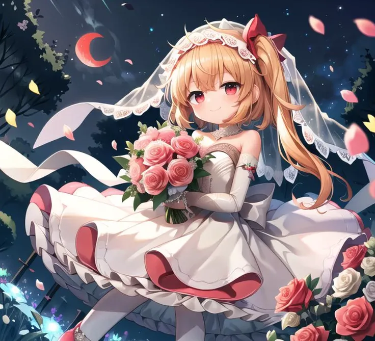 <lora:èå
°æµé²1䏿¹:1>, insanely detailed, absurdres, ultra-highres, ultra-detailed, best quality, 1girl, blonde hair, side ponytail, wings, red eyes, (wedding dress:1.5), wedding ring, (bridal veil:1.7), white legwear, High-heeled shoes, sakura petal, white long gloves, bare shoulders, outdoors, night, (red moon:1.2), red rose, (one Holding bouquet:1.2), smile, (open mouth:0.4), light particles, lens flare, looking at viewer, (stoop:0.7),garden, floating, starry sky, <lora:hotarueye_hosome1_v100 诱人çç¼ç¥:0.3><lora:age_slider_v2 年龿¹å¨:-2.5>
