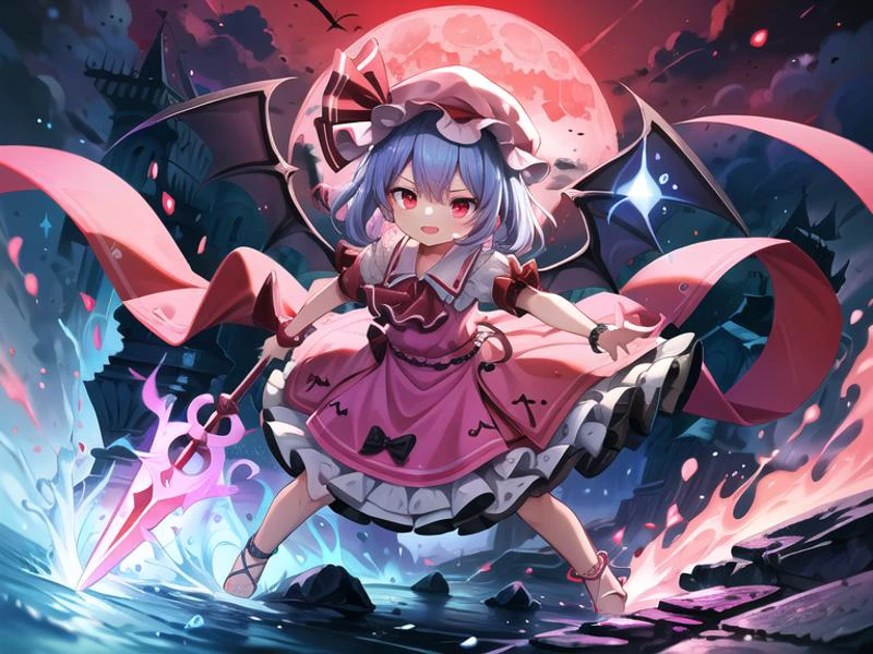 <lora:çç±³èäº:1>,masterpiece, best quality,1girl,pink dress,mob cap,ribbon, bluish pink hair, red eyes,bow, ascot, wings, white anklet, night, red moon, holding polearm, big polearm, (red theme:1.2), v-shaped eyebrows, smile, open mouth, afloat stones, light particles, (lens flare:1.2), red fire, fighting stance, <lora:hotarueye_hosome1_v100 诱人çç¼ç¥:0.4>