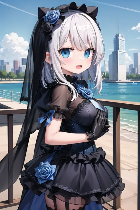 (cleavage:-1), insanely detailed, absurdres, ultra-highres, ultra-detailed, best quality,
1girl, solo, nice hands, perfect hands,
BREAK
(fusion of black mourning-dress and black wedding dress:1.2), (gothloli dress:1.3), (light-blue and black theme:1.3), ((black mourning-veil, black see-through wedding-veil):1.5), ((black latex corset, light-blue breast-cup):1.4), (short puff-sleeve:1.3), ((white collar, tie-bow):1.3), ((ruffle-skirt, multilayer-skirt):1.4), ((stockings, garter belt):1.3), (see-through long gloves:1.3), (blue rose decoration on head:1.3), (high heels:1.1)
BREAK
happy smile, laugh, open mouth,
standing,own hands together,
from side, cowboy shot,
BREAK
slender, kawaii, perfect symmetrical face, ultra cute girl, ultra cute face, ultra detailed eyes, ultra detailed hair, ultra cute, ultra beautiful,
BREAK
cityscape in tokyo, ultra detailed background, blue sky, bay side, panorama view,
(cleavage:-1), white hair, blue eyes