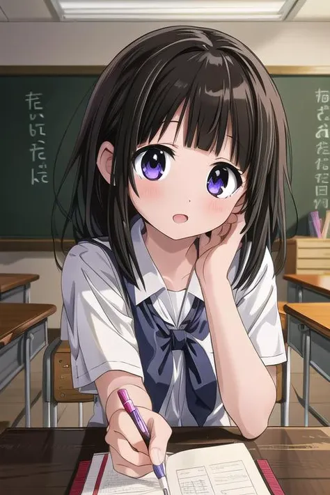 masterpiece,ultra detail,best quality,1girl, ,shiny eyes,classroom,desk <lora:hyouka_offset:0.7>chitanda eru,POVadoring <lora:POVadoring:0.6>