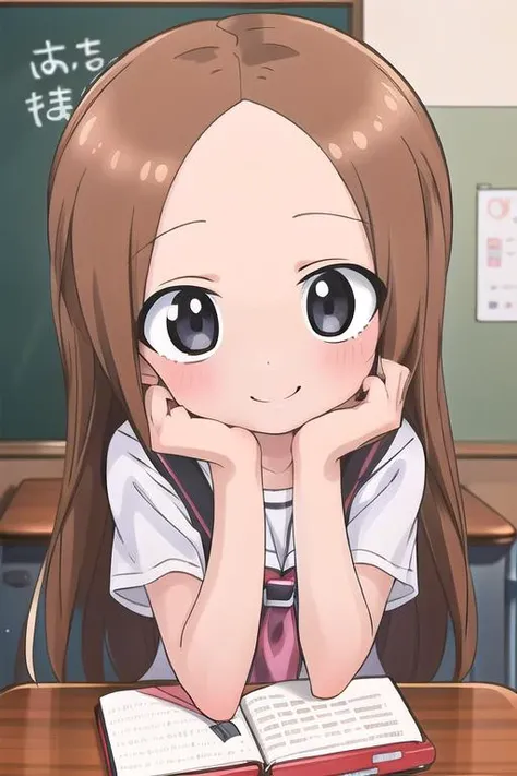 masterpiece,ultra detail,best quality,1girl, POVadoring <lora:POVadoring:0.7> <lora:Takagi_San:0.7>takagi_san,forehead,shiny eyes,evil smile,classroom,desk
