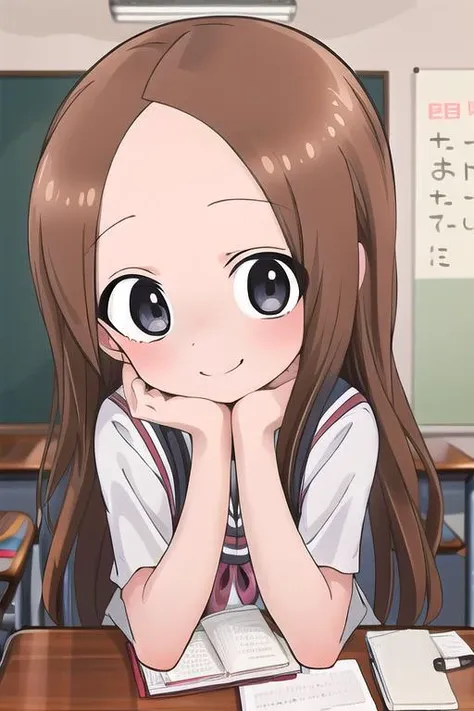 masterpiece,ultra detail,best quality,1girl, POVadoring <lora:POVadoring:0.7> <lora:Takagi_San:0.7>takagi_san,bare forehead,shiny eyes,evil smile,classroom,desk