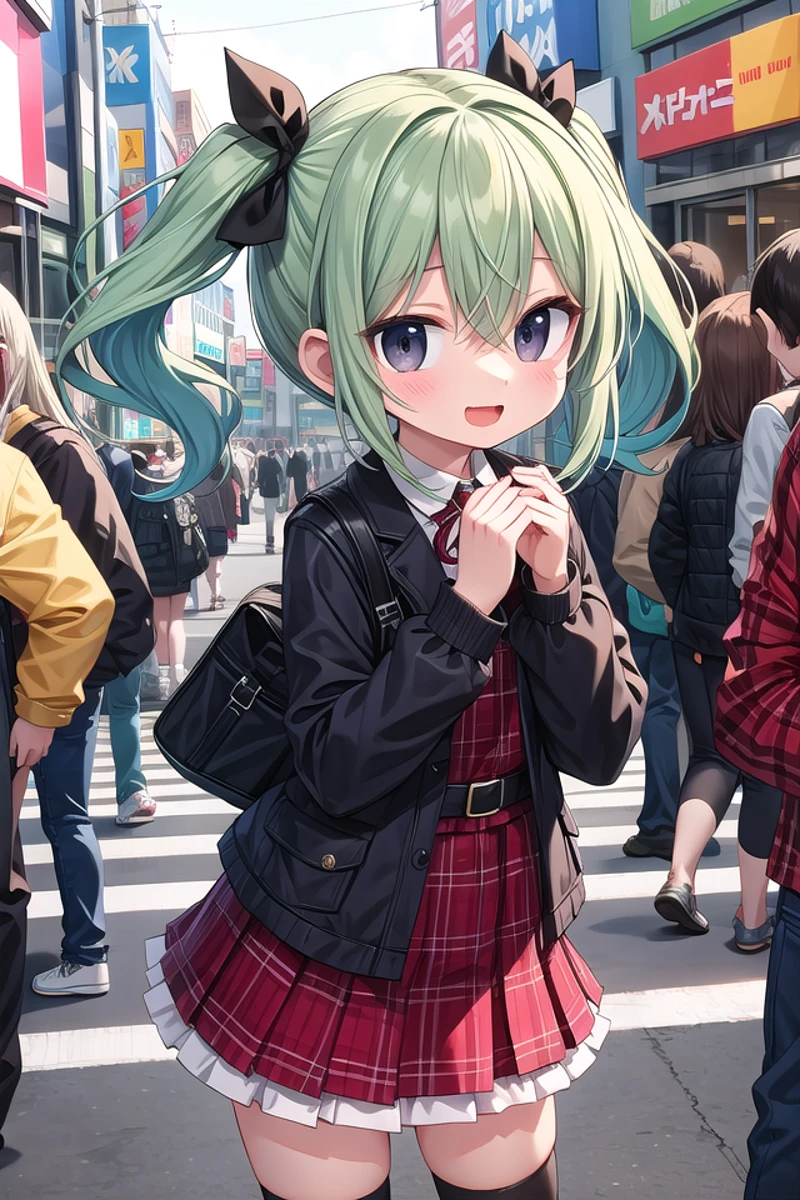 insanely detailed, absurdres, ultra-highres, ultra-detailed, best quality,
1girl, solo, nice hands, perfect hands,
BREAK
(lanky,gothic dress,nylon clothes,denim dress,saddle jacket,red tartan-check pleated skirt,frilled legwear,sneakers:1.2),
BREAK
happy smile, laugh, open mouth, standing,
45 angle,
cute pose, cowboy shot,
BREAK
slender, kawaii, perfect symmetrical face, ultra cute girl, ultra cute face, ultra detailed eyes, ultra detailed hair, ultra cute, ultra beautiful,
BREAK
in harajuku, shibuya, tokyo, street, crowd, cityscape,
BREAK
medium breasts,(cleavage:-1.5),
(green hair, black eyes), hair between eyes