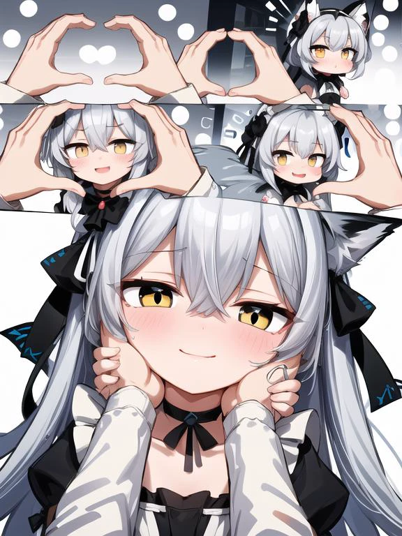 insanely detailed, absurdres, ultra-highres, ultra-detailed, best quality, 1girl, long hair, white hair, bangs between eyes, yellow eyes, (Intricate beautiful dress:1.5), white stockings, black bow , white shoes, maid dress, maid headdress, (black fox tail:1.3), (black fox ear:1.3), White gloves with ribbon, cat choker, blush, gasping ecstasy seductive smile, kawaii, perfect symmetrical face, ultra cute girl, ultra cute face, ultra detailed eyes, ultra detailed hair, ultra cute, ultra beautiful, comic, pov hands, <lora:é头贴è¿:1> <lora:hotarueye_hosome1_v100 诱人çç¼ç¥:0.5>
