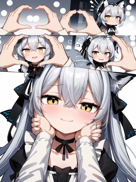 insanely detailed, absurdres, ultra-highres, ultra-detailed, best quality, 1girl, long hair, white hair, bangs between eyes, yellow eyes, (Intricate beautiful dress:1.5), white stockings, black bow , white shoes, maid dress, maid headdress, (black fox tail:1.3), (black fox ear:1.3), White gloves with ribbon, cat choker, blush, gasping ecstasy seductive smile, kawaii, perfect symmetrical face, ultra cute girl, ultra cute face, ultra detailed eyes, ultra detailed hair, ultra cute, ultra beautiful, comic, pov hands, <lora:éå¤´è´´è¿:1> <lora:hotarueye_hosome1_v100    è¯±äººçç¼ç¥:0.5>