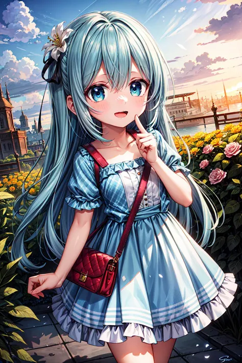 (best quality, masterpiece), HDR, dynamic light, sharp focus, cinematic lighting, extremely detailed face, unity 8k wallpaper, extremely detailed CG, (perfect anatomy), epic, render, insanely detailed, absurdres, ultra-highres, ultra-detailed BREAK
kawaii, perfect symmetrical face, ultra cute girl, ultra cute face, ultra detailed eyes, ultra detailed hair, ultra cute, ultra beautiful, skinny, <lora:GoodHands-vanilla:0.7> BREAK
cute girl, solo, (green hair:1.1), long hair, blushing, dynamic pose, dynamic angle,(dutch angle:1.1), (blue dress:1.2), (sling bag:1.1), frilled skirt, smile, open mouth, leaning forward, put her finger on oneâs lips BREAK
outdoors, On the hill, flower garden, blooming flower, <lora:flat2:-0.35>