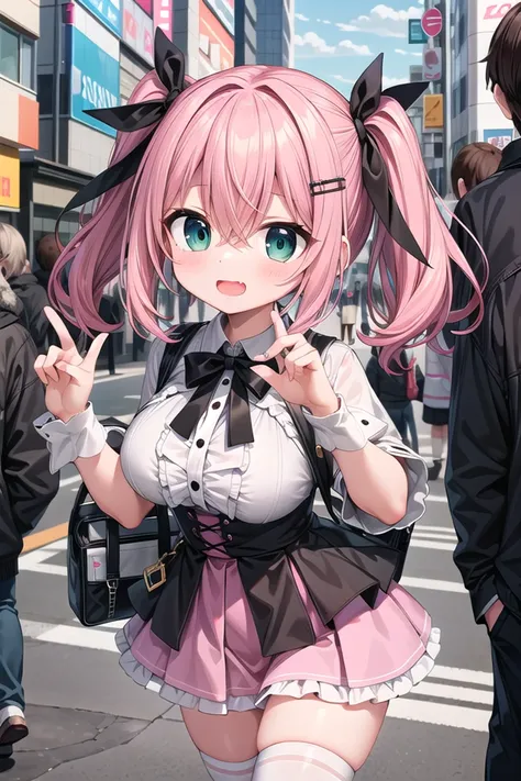 insanely detailed, absurdres, ultra-highres, ultra-detailed, best quality,
1 girl, solo, nice hands, perfect hands,
BREAK,
(wearing harajuku-style coordinate),
laugh, open mouth, wavy mouth,
standing, cowboy shot, looking at viewer,
BREAK,
slender, kawaii, perfect symmetrical face, ultra cute girl, ultra cute face, ultra detailed eyes, ultra detailed hair, ultra cute, ultra beautiful,
by Canon EOS, SIGMA Art Lens 35mm F1.4, ISO 200 Shutter Speed 2000,
in harajuku, shibuya, tokyo, street, crowd, cityscape,
large breasts, ,
BREAK,
(pink medium hair, dark green eyes), hair between eyes, hair ribbon