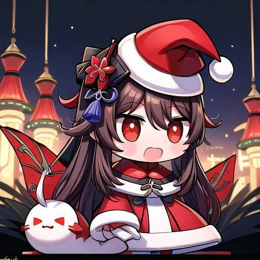 masterpiece, (Best quality:1.2), highres, (scenary), Christmas costume, hood up, Padoru_Meme, open mouth, <lora:hutao1-000009:1>, hutaodef, padoru /(hutao/), hutao in Christmas costume, (red eyes:1.3) /(hutaodef/),