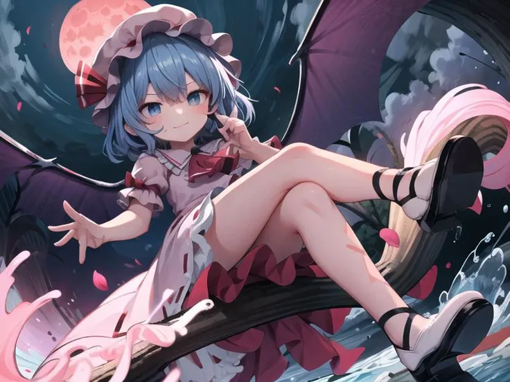 masterpiece, best quality,1girl,pink dress,mob cap,ribbon,blue hair,evil smile,bow,ascot,wings, beautiful detailed water, beautiful detailed sky, fluttered detailed splashs, night, red moon, falling petals, from below, slanted eyes, crossed legs, <lora:remilia:1>