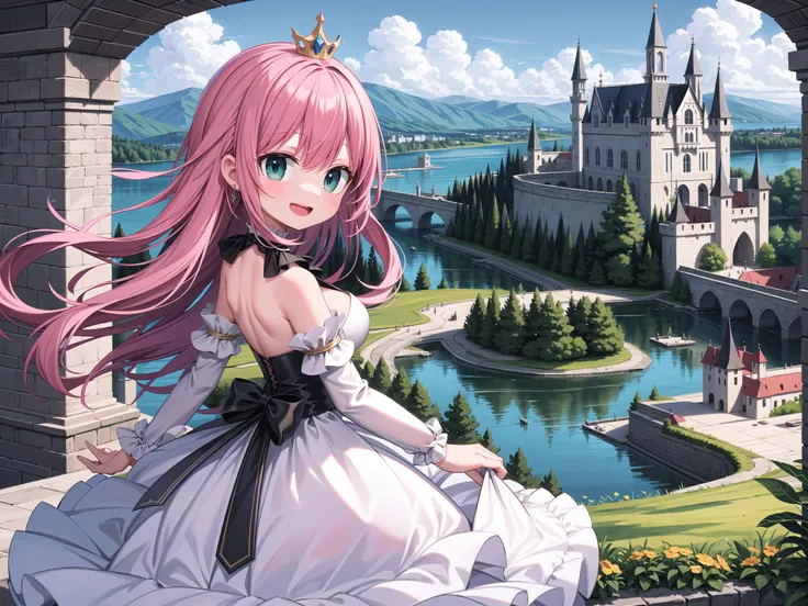 insanely detailed, absurdres, ultra-highres, ultra-detailed, best quality,
1 girl, solo, nice hands, perfect hands,
BREAK,
(wearing princess dress), teara,
happy smile, laugh, open mouth,
standing,
from side, cowboy shot, looking at viewer,
BREAK,
slender, kawaii, perfect symmetrical face, ultra cute girl, ultra cute face, ultra detailed eyes, ultra detailed hair, ultra cute, ultra beautiful,
BREAK,
fantasy world, (castle in background, lake:1.3), (very wide, panorama view, sense of depth, magnificent view:1.3)
BREAK,
princess girl, pink hair, green eyes, medium breasts
