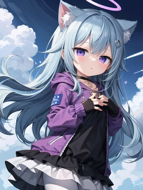 insanely detailed, absurdres, ultra-highres, ultra-detailed, best quality, 1girl, purple eyes, long hair, (light blue hair:1.1), bow by the ear, dress, hoodie, white pantyhose, cat ears, heart pendant, fingerless gloves, (The blue ring in front of the chest:1.2), dark halo, blue theme, sky, Crystal, <lora:ClothingAdjuster3 è¡£æå¢å:-0.5> <lora:hotarueye_hosome1_v100 诱人çç¼ç¥:0.4> <lora:age_slider_v2 年龿¹å¨:-1.5>