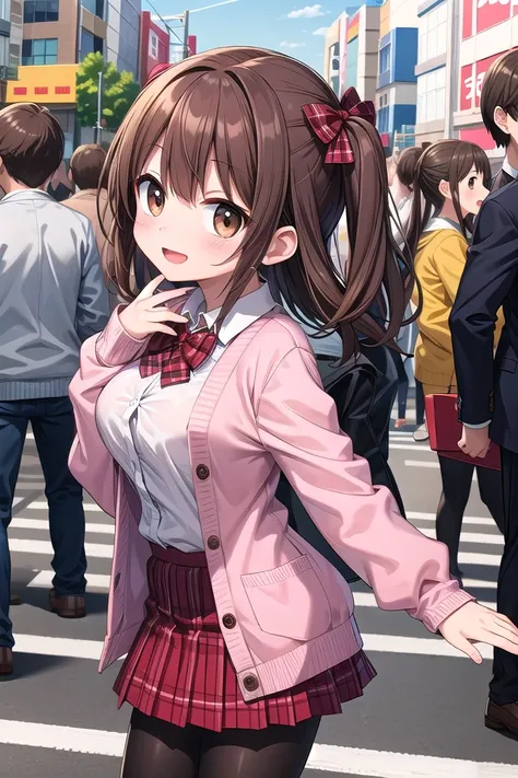 insanely detailed, absurdres, ultra-highres, ultra-detailed, best quality,
1girl, solo, nice hands, perfect hands,
BREAK
(School Uniforms:1.2), (pink cardigan is fit body:1.4), ((do up a buttons, not loose):1.5), ((long sleeve, sleeves past wrists):1.2), (inner wear is white collared-shirt:1.3), (red plaid-pattern bow:1.3), (red plaid-pattern pleated skirt:1.3), ((dark-brown pantyhose, loafers):1.2) ,
BREAK
happy smile, laugh, open mouth, standing,
from side,
cute pose, cowboy shot,
BREAK
slender, kawaii, perfect symmetrical face, ultra cute girl, ultra cute face, ultra detailed eyes, ultra detailed hair, ultra cute, ultra beautiful,
BREAK
in harajuku, shibuya, tokyo, street, crowd, cityscape,
BREAK
medium large breasts,
(brown hair, brown eyes), hime cut