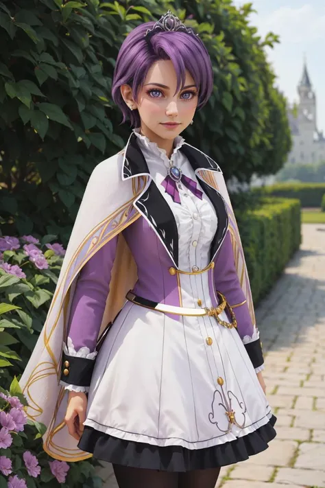 professional photo of Klaudia von Auslese, smile, purple_hair, short_hair, purple_eyes, timid, (shy:0.8),light_purple_shirt, short_white_dress, black_pantyhose, jewelry, silver tiara, cape,
detailed skin, detailed eyes, looking at viewer,
in palace garden, beautiful white castle,
photo made with Canon EOS in naturalistic style photography,
popular on artstation, popular on deviantart, popular on flicker,
<lora:Klaudia-08:0.88:MIDD>
