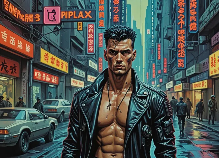 vntgpstr of a cyberpunk man in a street<lora:vintage_poster-000003:1>