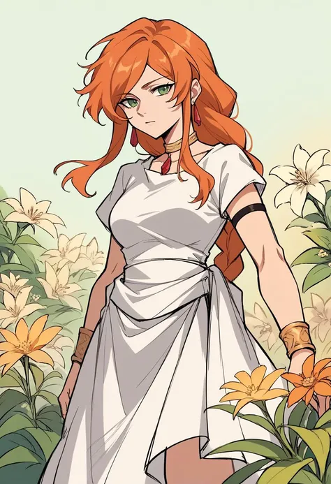 score_9, score_8_up, score_7_up, source_anime, 1girl, solo,  FlammeFrieren, orange hair, green eyes, long hair, braided ponytail, earrings, choker, armlet, bracelet, white dress, white sash, short sleeves, sandals, flowers, lineart, sketch, <lora:Potat-lineart_sketch_v1-USENEG:-0.85>, <lora:ChamFlammePonyXL:1>