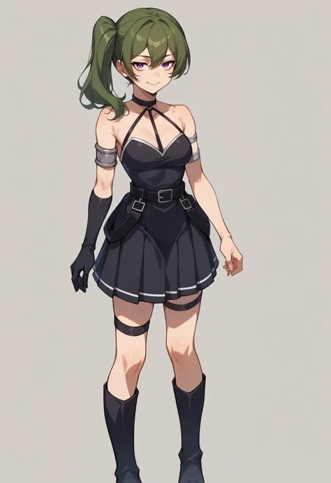 score_9, score_8_up, score_7_up, source_anime, 1girl, solo, UbelFrieren, purple eyes, dark green hair, medium hair, side ponytail, black choker, arm strap, armlet, black dress, halter dress, cleavage, short dress, belt, sleeveless, single glove, black gloves, thigh strap, black knee boots, smile, lineart, sketch, <lora:ChamUbelPonyXL_1:1>, <lora:Potat-lineart_sketch_v1-USENEG:-0.85>