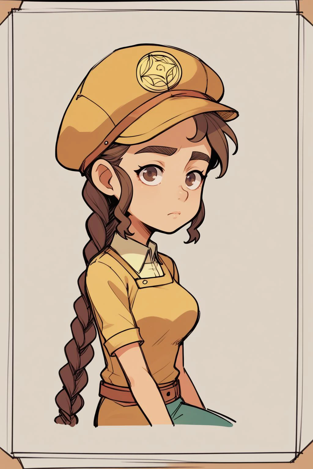 score_9, score_8_up, <lora:Potat-pencil_drawing_sketch_v1-USENEG:-0.9> pencil drawing, sketch, <lora:NSNoraPortia:1> NSNoraPortia, brown hair, thick eyebrows, brown eyes, braid, very long hair, single braid, solo, sitting, yellow cabbie hat, yellow shirt, belt