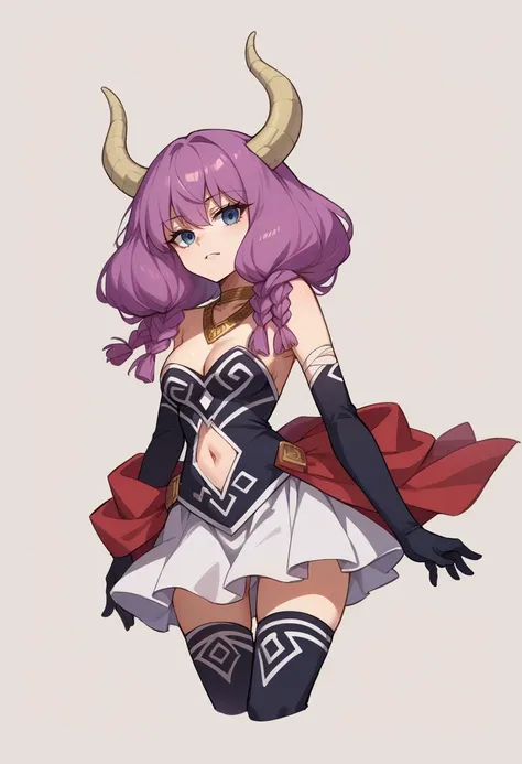 score_9, score_8_up, score_7_up, source_anime, 1girl, solo, AuraFrieren, purple hair, blue eyes, horns, long hair, twin braids, necklace, strapless shirt, black shirt, navel cutout, white skirt, red waist cape, elbow gloves, black gloves, thigh boots, lineart, sketch, <lora:Potat-lineart_sketch_v1-USENEG:-0.9>, <lora:ChamAuraPonyXL:1>