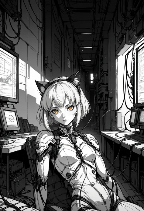 score_9, score_8_up,score_7_up, source_ anime, xenotr1p, monochrome, lineart, sketch,
BREAK
indoors,science fiction, chair, wire, cable, electricity, symmetry,
BREAK
1girl, white hair, orange eyes, cat ears, head tilt, colored shadow, soft lighting, sitting, night,dark, looking at viewer, leaning back, indoors, smoke, science fiction, wire, cable,
<lora:Potat-lineart_sketch_v1-USENEG:-0.65> 
 <lora:Xenotrip:0.8>