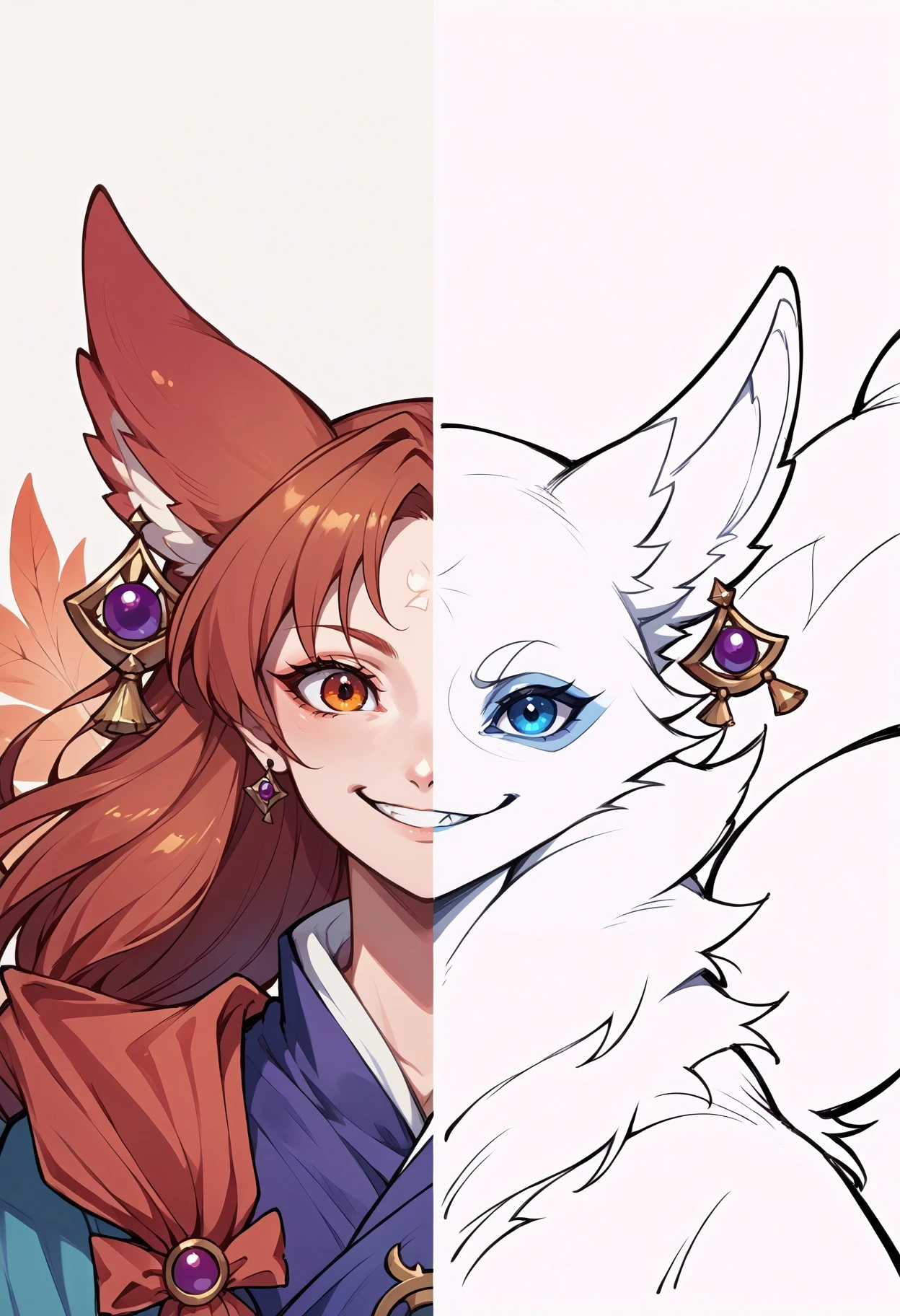 score_9, score_8_up,score_7_up, source_anime, SplitScreen, split screen,
BREAK
BREAK
upper body,YaeMikoFox, earrings, no humans, multiple tails, smiling,animal,
BREAK
upper body,lineart, sketch,YaeMikoFox, earrings, no humans, multiple tails, smiling,animal,
<lora:YaeMikoFox_XLPD:1> <lora:Potat-lineart_sketch_v1-USENEG:-1> <lora:Splitscreen_XLPD:1>