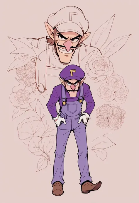 score_9, score_8_up, score_7_up, source_anime, 1boy, solo, Waluigi, mustache, teeth, pointy ears, brown hair, hat, purple headwear, purple shirt, long sleeves, overalls, white gloves, brown shoes, lineart, sketch, <lora:Potat-lineart_sketch_v1-USENEG:-0.90>, <lora:ChamWaluigiPonyXL:1>