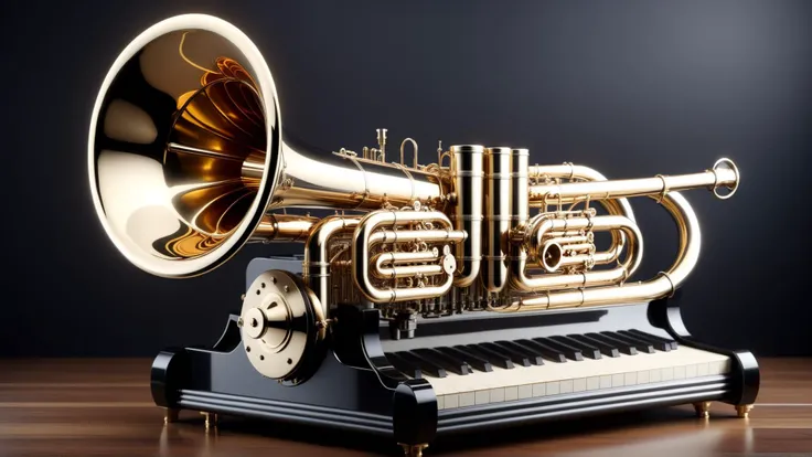 <lora:P14n03l3g4nt3b0n3XL:1>P14n03l3g4nt3b0n3 steampunk inspired saxhorn with an array of metal tubes and pistons, black, white, ebony, ivory, luxury, 24mm, (analog, cinematic, film grain:1.3), Bokeh DOF, (Masterpiece:1.3) (best quality:1.2) (high quality:1.1)
