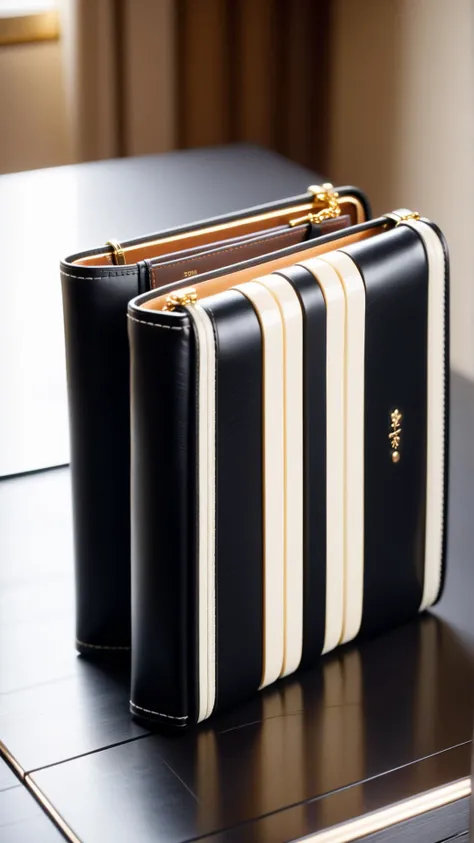 <lora:P14n03l3g4nt3b0n3XL:1>P14n03l3g4nt3b0n3 Travel wallet, black, white, ebony, ivory, luxury, 24mm, (analog, cinematic, film grain:1.3), Bokeh DOF, (Masterpiece:1.3) (best quality:1.2) (high quality:1.1)