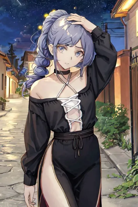 (masterpiece, best quality), outdoors, night sky, starry sky, detailed face, cowboy shot, 1girl, solo, MinahChaesu, low ponytail, long hair, medium breasts, <lora:MinahChaesu_V1-Manityro-dadapt:1>, toned, looking at viewer, seductive smile, choker, grey dress, side slit, plunging neckline,