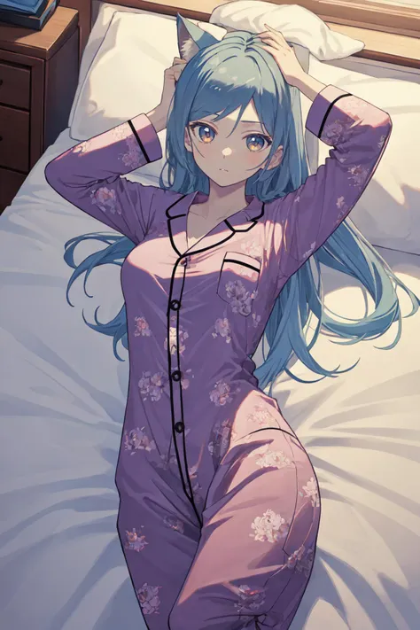 (masterpiece, best quality), indoors, bedroom, detailed face, cowboy shot, 1girl, solo, MinahChaesu, cat ears, long hair, medium breasts, <lora:MinahChaesu_V1-Manityro-dadapt:1>, toned, looking at viewer, lying, on bed, on back, pajamas, purple pajamas, arms up