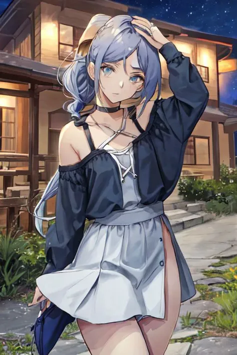 (masterpiece, best quality), outdoors, night sky, starry sky, detailed face, cowboy shot, 1girl, solo, MinahChaesu, low ponytail, long hair, medium breasts, <lora:MinahChaesu_V1-Manityro-dadapt:1>, toned, looking at viewer, seductive smile, choker, grey dress, side slit, plunging neckline,