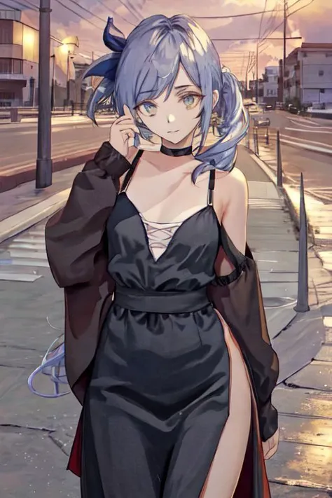 (masterpiece, best quality), outdoors, night sky, starry sky, detailed face, cowboy shot, 1girl, solo, MinahChaesu, low ponytail, long hair, medium breasts, <lora:MinahChaesu_V1-Manityro-dadapt:1>, toned, looking at viewer, seductive smile, choker, grey dress, side slit, plunging neckline,