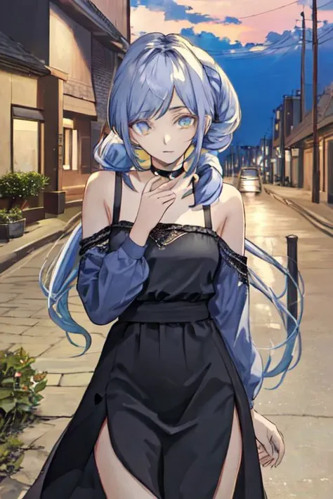 (masterpiece, best quality), outdoors, night sky, starry sky, detailed face, cowboy shot, 1girl, solo, MinahChaesu, low ponytail, long hair, medium breasts, <lora:MinahChaesu_V1-Manityro-dadapt:1>, toned, looking at viewer, seductive smile, choker, grey dress, side slit, plunging neckline,