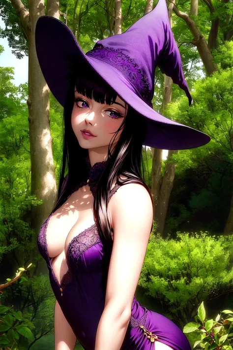 ultra realistic 8k cg, masterpiece, ((ultra detailed background, delicate pattern, intricate detail)), (highly detailed, fine details), best quality, 1girl, (photorealistic:1.4),beautiful lighting, absurdres, RAW photo, film grain, 1girl, solo, hat, witch hat, witch, purple-black hair, dress, smile, purple clothing, beautiful detailed lips, ((small breasts, slim girl)), blunt bangs, forest environment, forest, complex detailed background, cowboy shot, morda, <lora:BeautifulDetailedEyes:0.4>, <lora:DetailTweaker:0.5>, <lora:Morda10:0.8>