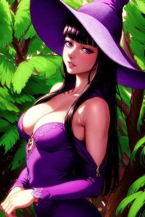 ultra realistic 8k cg, masterpiece, ((ultra detailed background, delicate pattern, intricate detail)), (highly detailed, fine details), best quality, 1girl, (photorealistic:1.4),beautiful lighting, absurdres, RAW photo, film grain, 1girl, solo, hat, witch hat, witch, purple-black hair, dress, smile, purple clothing, beautiful detailed lips, ((small breasts, slim girl)), blunt bangs, forest environment, forest, complex detailed background, cowboy shot, morda, <lora:BeautifulDetailedEyes:0.4>, <lora:DetailTweaker:0.5>, <lora:Morda10:0.8>