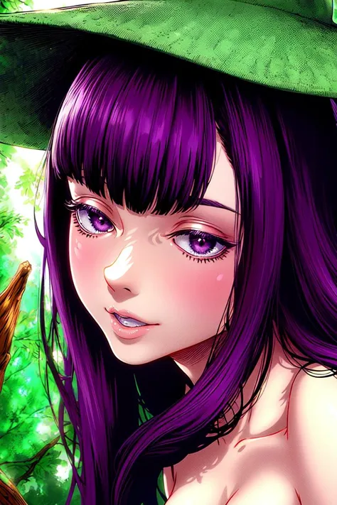 ultra realistic 8k cg, masterpiece, ((ultra detailed background, delicate pattern, intricate detail)), (highly detailed, fine details), best quality, 1girl, (photorealistic:1.4),beautiful lighting, absurdres, RAW photo, film grain, 1girl, solo, hat, witch hat, witch, purple-black hair, dress, smile, purple clothing, beautiful detailed lips, (((small breasts, slim girl))), blunt bangs, forest environment, forest, complex detailed background, morda, cowboy shot, <lora:BeautifulDetailedEyes:0.4>, <lora:DetailTweaker:0.5>, <lora:Morda10:0.8>