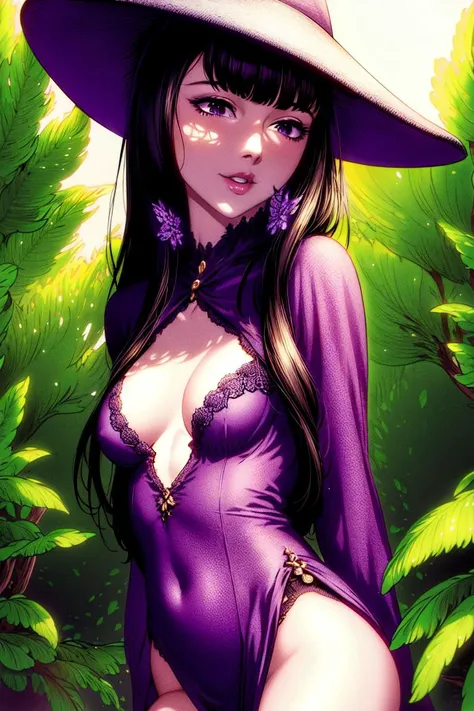 ultra realistic 8k cg, masterpiece, ((ultra detailed background, delicate pattern, intricate detail)), (highly detailed, fine details), best quality, 1girl, (photorealistic:1.4),beautiful lighting, absurdres, RAW photo, film grain, 1girl, solo, hat, witch hat, witch, purple-black hair, dress, smile, purple clothing, beautiful detailed lips, (((small breasts, slim girl))), blunt bangs, forest environment, forest, complex detailed background, morda, cowboy shot, <lora:BeautifulDetailedEyes:0.4>, <lora:DetailTweaker:0.5>, <lora:Morda10:0.8>