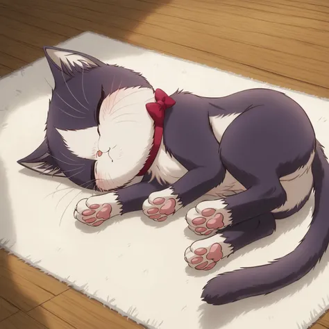 <lora:add-detail-xl:1>,misc,all,score_10,score_9_up,score_8_up,score_7_up,score_6_up,full body,prefect lighting,detailed image,snoozing,masterpiece,best quality,highly detailed,intricate detail,highly detailed,detailed ambient light,cinematic lighting,amazing detail,ray tracing,4k,highres,light,misc,all,BREAK updn,<lora:BoldCAT_P3:1>,<lora:Furry Enhancer V5.2:1>,<lora:EasyNegativeV2:1>,<lora:updn:1>,<lora:add-detail-xl:1>,<lora:HaruMy_Roommate_Is_a_Cat:1>,red eyes, animal, cat, black cat, Haru(My Roommate Is a Cat), no humans, animal focus, closed eyes, on side, wooden floor, whiskers, lying, on floor, collar, sleeping, bow, red bow, rug, red collar, indoors