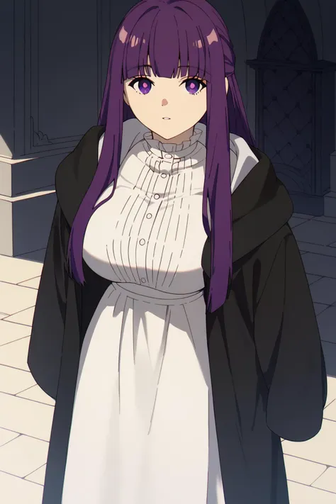 FernCasual, white dress, black robe, open clothes, hood, frilled collar <lora:SousouNoFrieren_FernXL:0.8>FernSSnF,purple hair, long hair, purple eyes, bright pupils, blunt bangs,large breasts, Score_9, Score_8_up, Score_7_up, Score_6_up, Score_5_up, Score_4_up, BREAK,1girl in full growth, best quality, masterpiece, ultra-detailed, high quality,good quality,1 girl,(master piece,high resolution, ultra detailed,8K,16K),look at viewer
