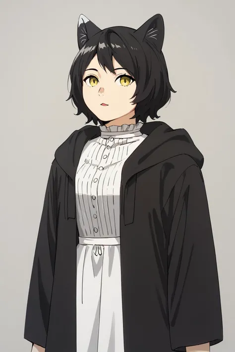IzutsumiER, 1girl, cat ears, black hair, short hair, cat girl, yellow eyes, fur, <lora:Izutsumi_Dungeon_Meshi:1>yellow eyes, black hair, short hair,black and white fur, <lora:SousouNoFrieren_FernXL:0.8> FernCasual, white dress, black robe, open clothes, hood, frilled collar, Score_9, Score_8_up, Score_7_up, Score_6_up, Score_5_up, Score_4_up, BREAK,1girl in full growth, best quality, masterpiece, ultra-detailed, high quality,good quality,1 girl,(master piece,high resolution, ultra detailed,8K,16K),look at viewer