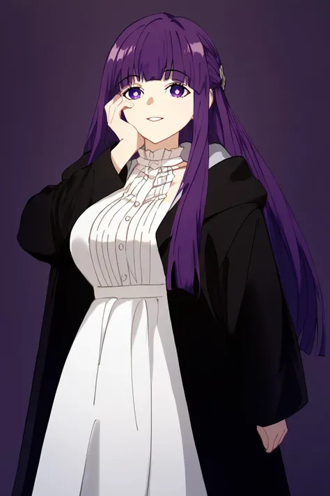 FernCasual, white dress, black robe, open clothes, hood, frilled collar<lora:SousouNoFrieren_FernXL:0.9>FernSSnF,purple hair, long hair, purple eyes, bright pupils, blunt bangs,large breasts <lora:yandere_trance_v1_pruned:1.2> yandere trance, Score_9, Score_8_up, Score_7_up, Score_6_up, Score_5_up, Score_4_up, BREAK,1girl in full growth, best quality, masterpiece, ultra-detailed, high quality,good quality,1 girl,(master piece,high resolution, ultra detailed,8K,16K),look at viewer