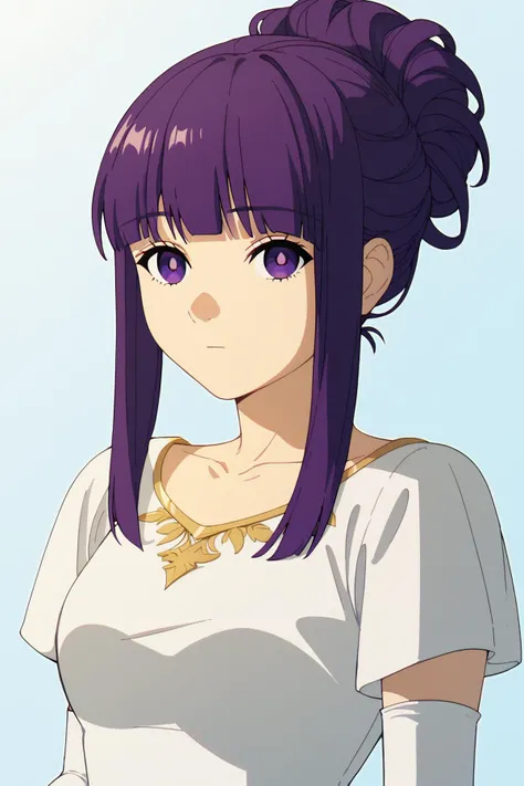 FernDance, white dress, short sleeves, collarbone, elbow gloves, medium breasts<lora:SousouNoFrieren_FernXL:0.9>FernSSnF,alternate hairstyle, purple hair, sidelocks, purple eyes, bright pupils, blunt bangs, Score_9, Score_8_up, Score_7_up, Score_6_up, Score_5_up, Score_4_up, BREAK,1girl in full growth, best quality, masterpiece, ultra-detailed, high quality,good quality,1 girl,(master piece,high resolution, ultra detailed,8K,16K),look at viewer
