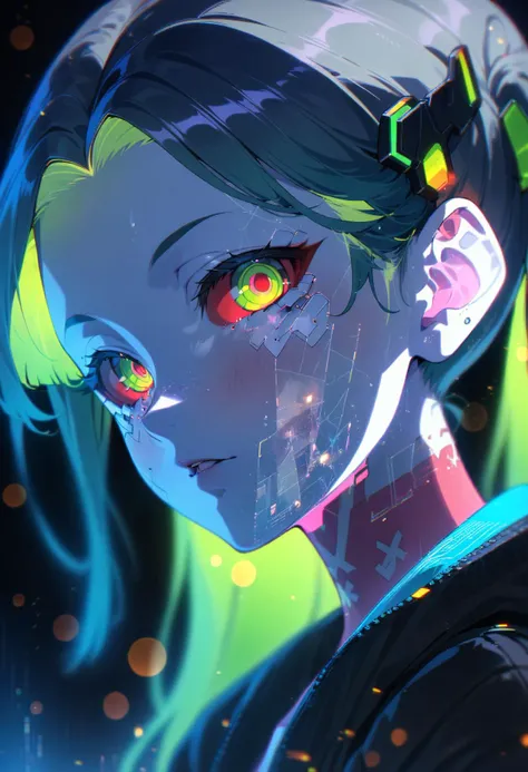 1girl, solo, rebecca \(cyberpunk\), cyberpunk \(series\), mature female, long hair, green hair, twintails, hair ornament, green eyes, red sclera, red pupils, artificial eye, pale skin, neck tattoo, jacket, portrait, looking at viewer, cyberpunk, hlpr, futuristic, hologram, holographic face, ui, interface, nodes, particles, depth of field, bokeh, masterpiece, best quality, very aesthetic, absurdres, <lora:holoportraitv1:1.1>