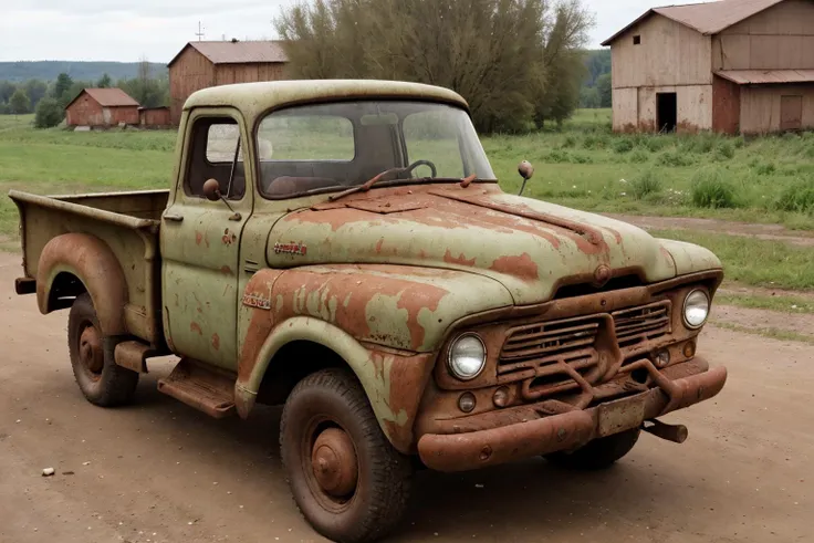 a shitty old brown soviet pickup truck from the 1960's, ugly, sad, rusty, rust holes, poor styling, farm in the background, USSR,