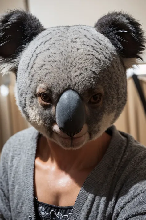 Photo of a man in a scary koala costume, creepy, highres, extremely detailed, 8k photo, best quality, intricate details, realistic, detailed face and eyes,