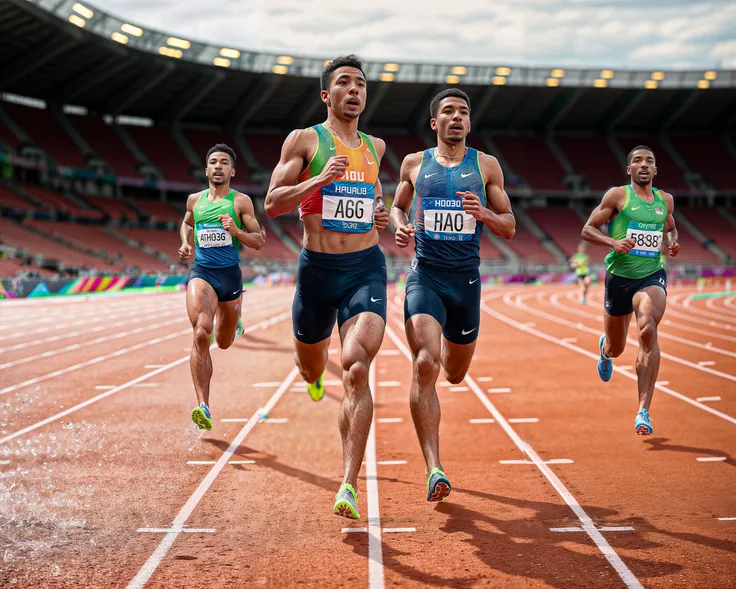 RAW photo, closeup, male athlets running in stadium,sprint, olympic games, 100 meter, front view, 8k uhd, dslr, sweat, droplets, high quality, film grain, Fujifilm XT3