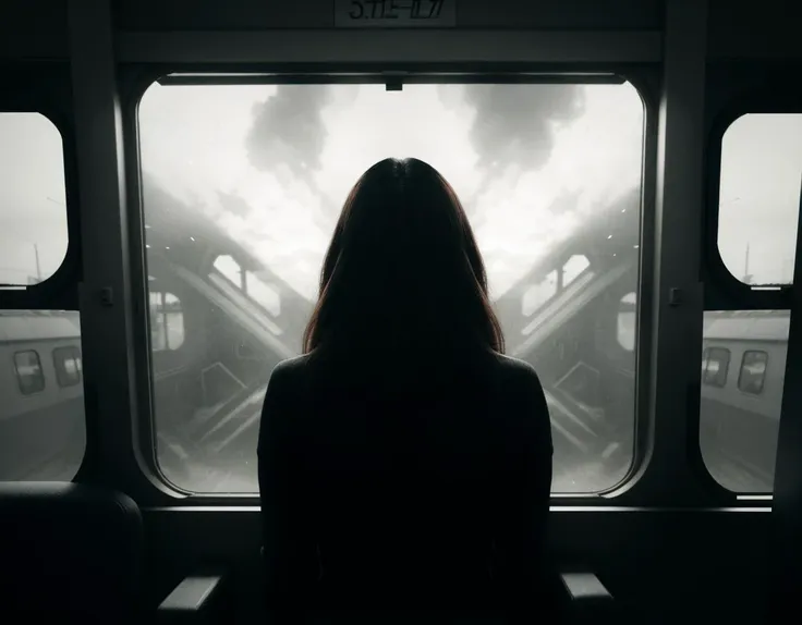 three cornered window, back of head shot of (woman looking out of triangle window:1.1), 3rd person, Looking out the triangular window of a (train:1.1) with triangular windows, triangular windows and triangular, wheels,  in a fantasy world, 
psychedelic, geometric, vivid light, high contrast, triadic colors, dark shadows,  explosions, nuclear mushroom cloud, nuclear explosion, dystopian nightmare, 
(beautiful composition),
21 yo woman,