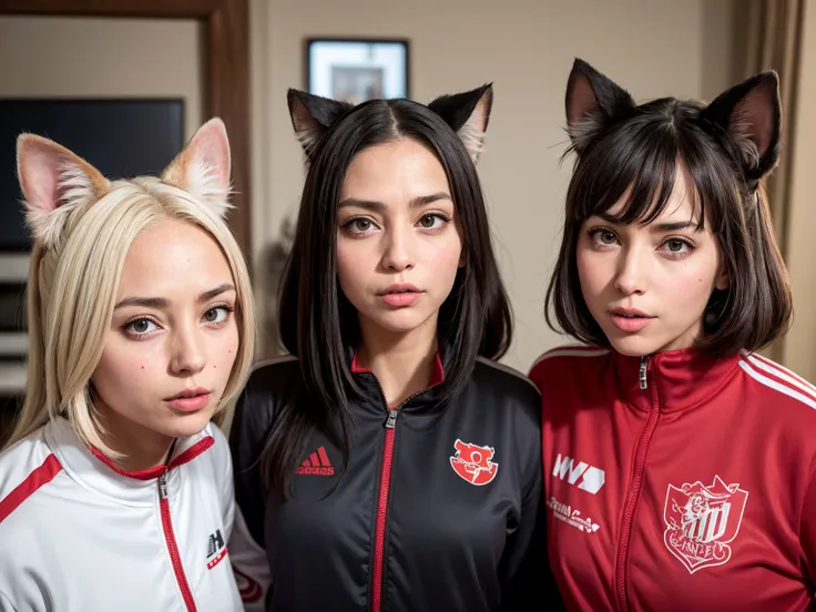 Photo of 3 anthropomorphic cats and rat women wearing a track suits and looking at the camera,