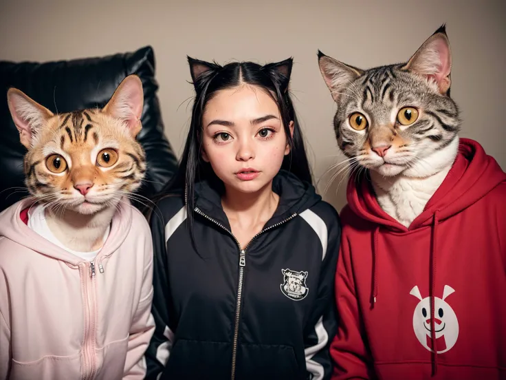 Photo of 3 stupid cats and  anthropomorphic rat wearing a track suit looking at the camera,