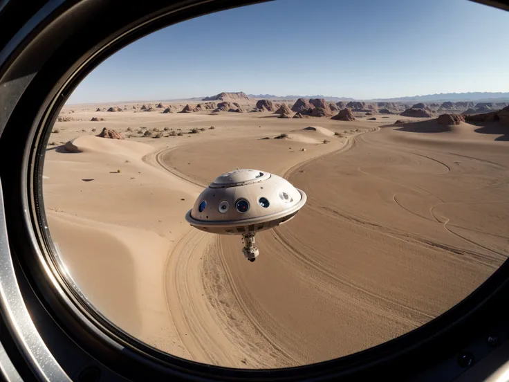 a ufo hovering in the distance over a desert,  photo taken through a small oval airline window, realistic,