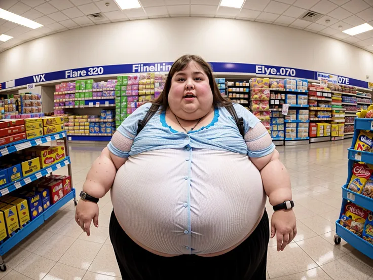 photo of (fat american people:1.2) in a walmart aisle, fisheye lens effect